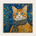 Klimt Tabby Cat with Blue Eyes and Beautiful Scarf Wood Wall Art Gallery Image 1