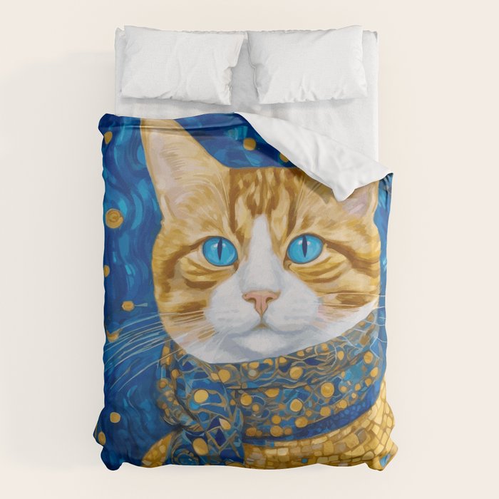 Klimt Tabby Cat with Blue Eyes and Beautiful Scarf Duvet Cover Gallery Image 1