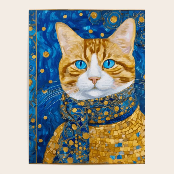 Klimt Tabby Cat with Blue Eyes and Beautiful Scarf Poster Gallery Image 4