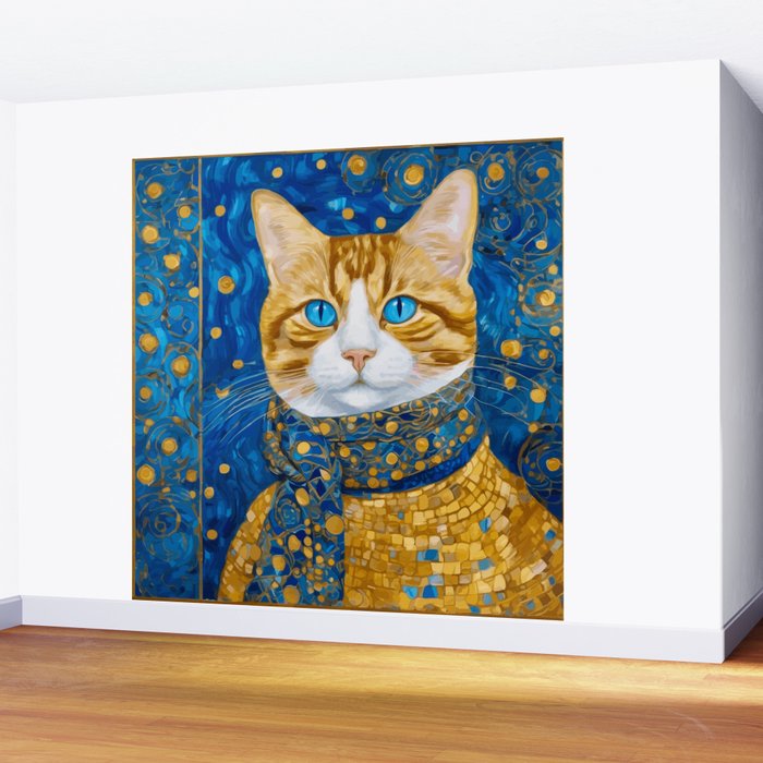 Klimt Tabby Cat with Blue Eyes and Beautiful Scarf Wall Mural Gallery Image 2