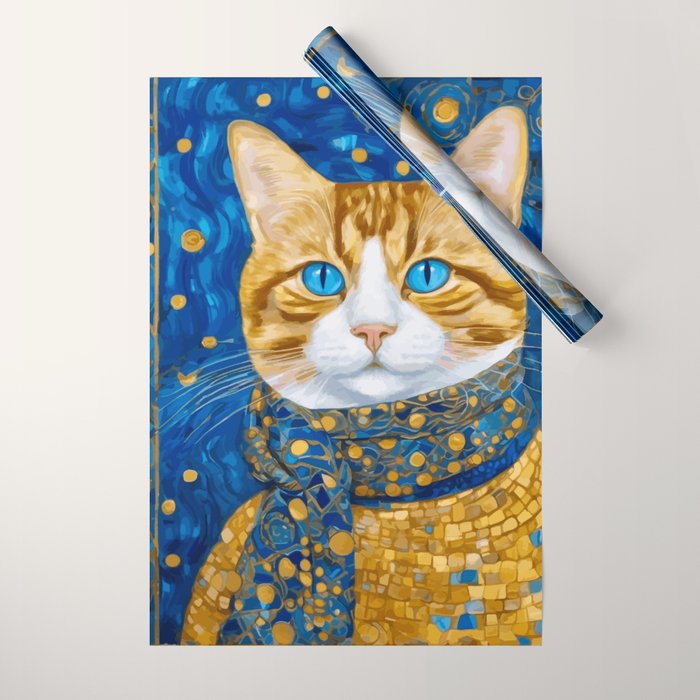 Klimt Tabby Cat with Blue Eyes and Beautiful Scarf Wrapping Paper Gallery Image 1