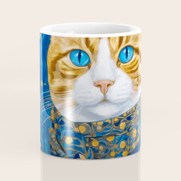 Klimt Tabby Cat with Blue Eyes and Beautiful Scarf Coffee Mug Gallery Image 4