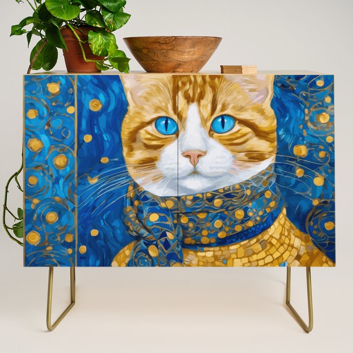 Klimt Tabby Cat With Blue Eyes And Beautiful Scarf Credenza
