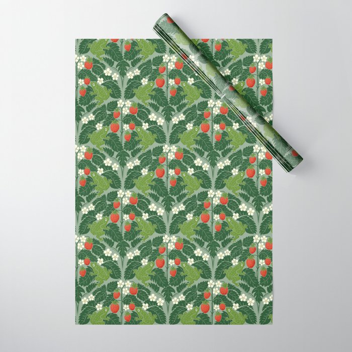 Frogs And Wild Strawberries On Pale Green Wrapping Paper Gallery Image 1