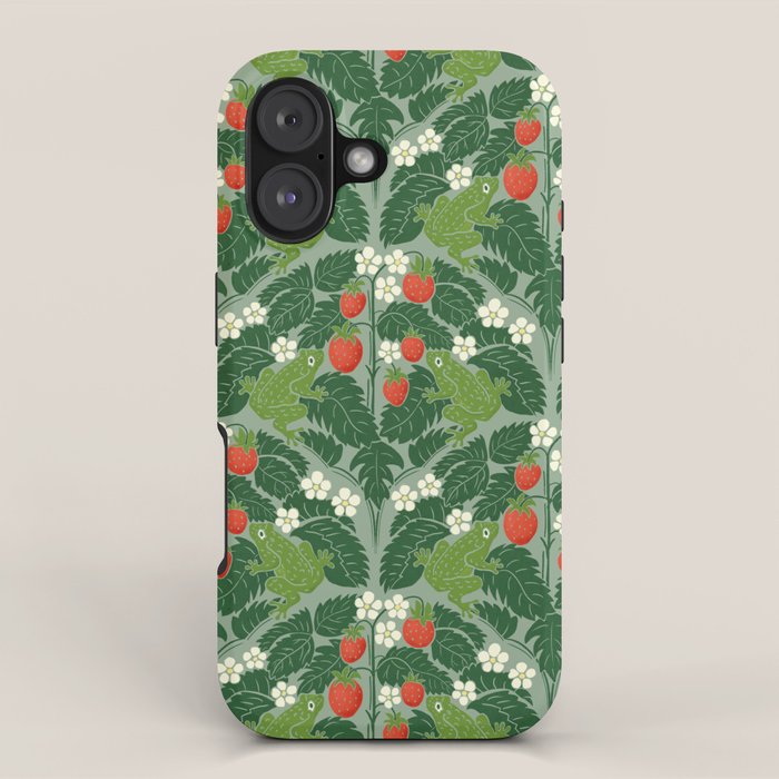 Frogs And Wild Strawberries On Pale Green iPhone Case Gallery Image 1