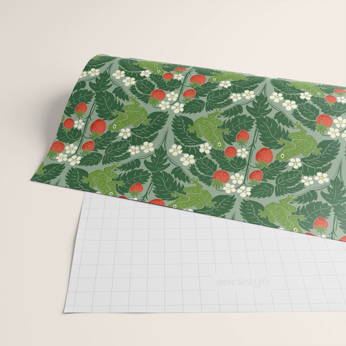 Frogs And Wild Strawberries On Pale Green Wrapping Paper Gallery Image 2