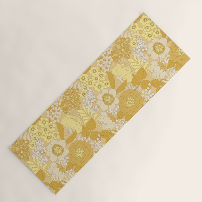 Yellow, Ivory & Brown Retro Floral Pattern Yoga Mat Gallery Image 1
