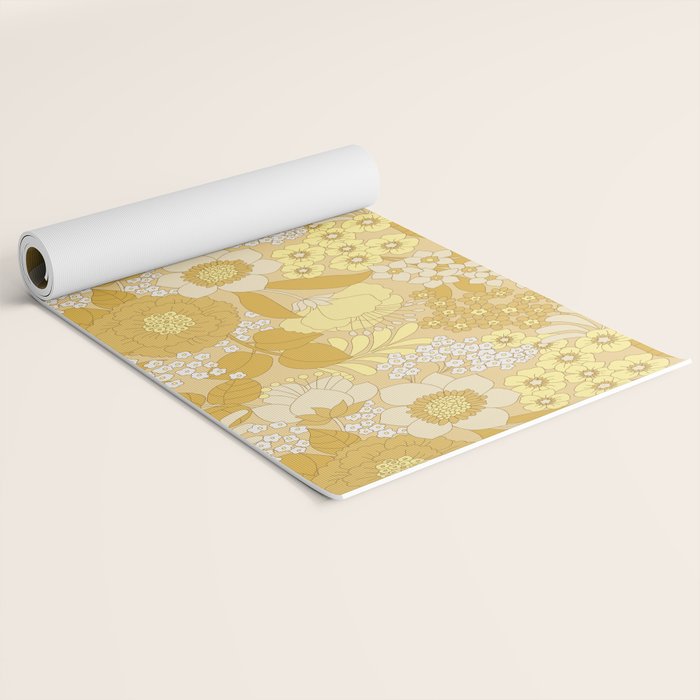 Yellow, Ivory & Brown Retro Floral Pattern Yoga Mat Gallery Image 2