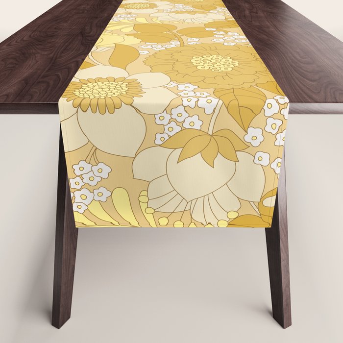 Yellow, Ivory & Brown Retro Floral Pattern Table Runner Gallery Image 1
