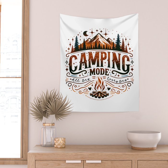 Camping mode, Brown and black retro typography Wall Tapestry Gallery Image 2