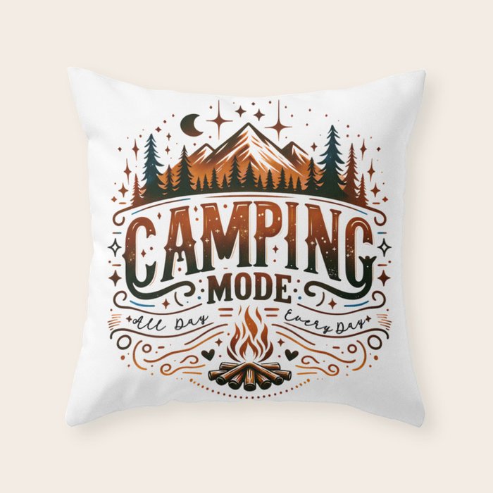 Camping mode, Brown and black retro typography Throw Pillow Gallery Image 6