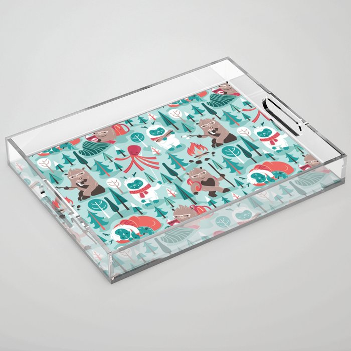 Besties // aqua background white Yeti brown Bigfoot teal and mint trees red and coral details Acrylic Tray Gallery Image 1