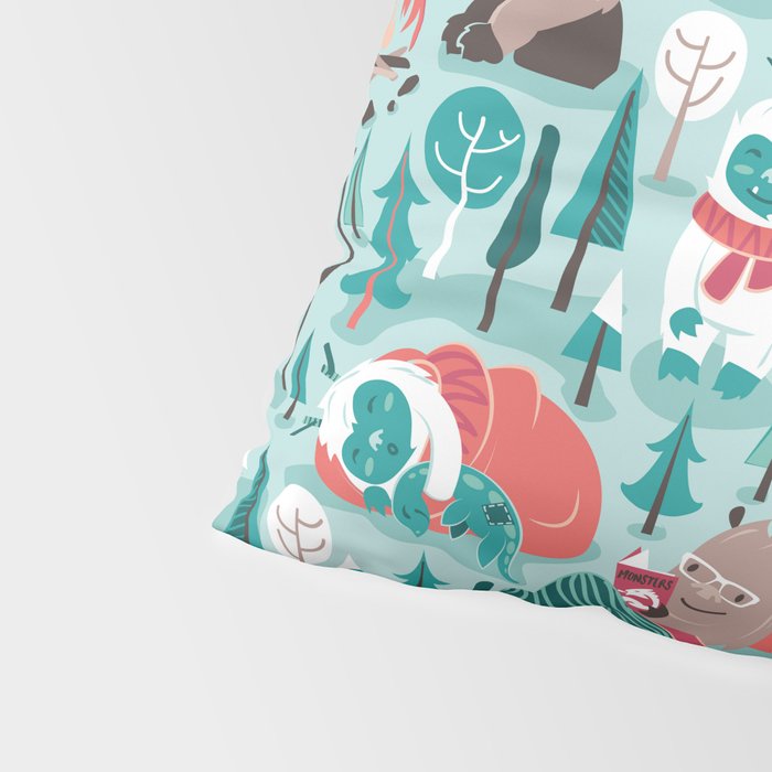 Besties // aqua background white Yeti brown Bigfoot teal and mint trees red and coral details Pillow Sham Gallery Image 4