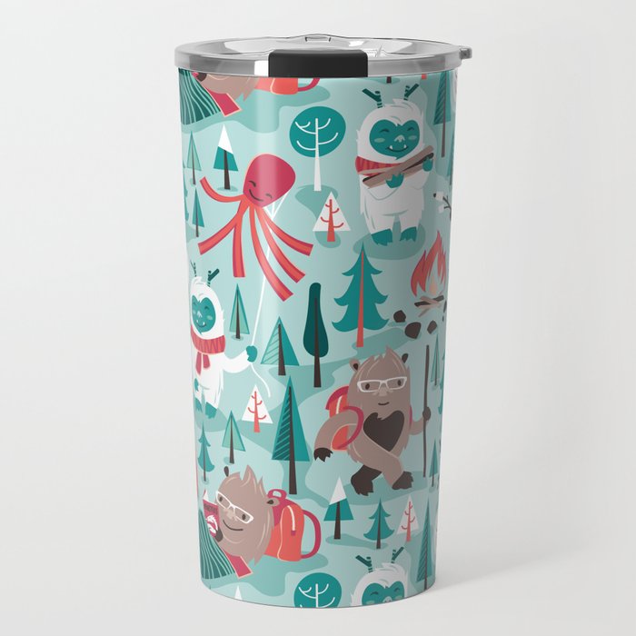 Besties // aqua background white Yeti brown Bigfoot teal and mint trees red and coral details Travel Mug Gallery Image 1