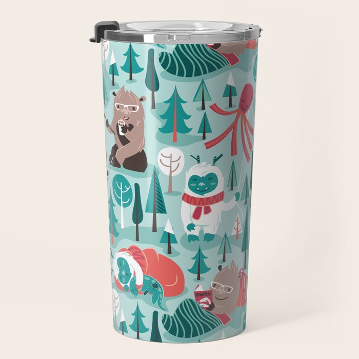 Besties // aqua background white Yeti brown Bigfoot teal and mint trees red and coral details Travel Mug Gallery Image 3