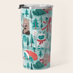 Besties // aqua background white Yeti brown Bigfoot teal and mint trees red and coral details Travel Mug Gallery Image 3