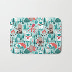 Besties // aqua background white Yeti brown Bigfoot teal and mint trees red and coral details Bath Mat Gallery Image 1