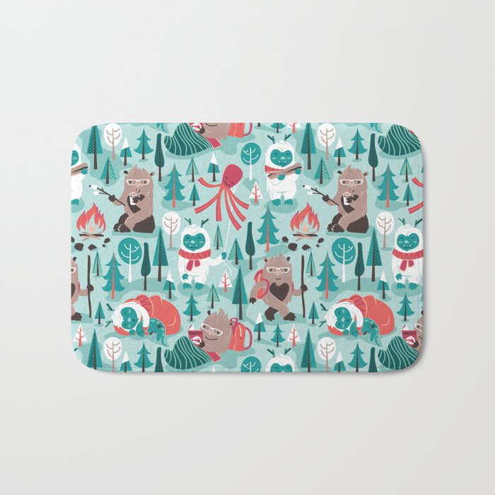 Besties // aqua background white Yeti brown Bigfoot teal and mint trees red and coral details Bath Mat Gallery Image 1