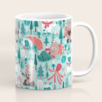Besties // aqua background white Yeti brown Bigfoot teal and mint trees red and coral details Coffee Mug Gallery Image 1