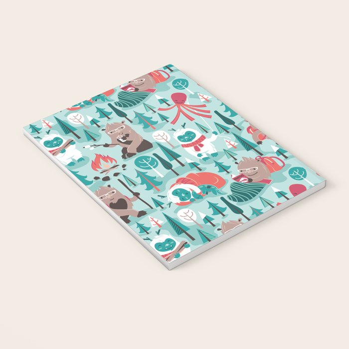 Besties // aqua background white Yeti brown Bigfoot teal and mint trees red and coral details Notebook Gallery Image 3