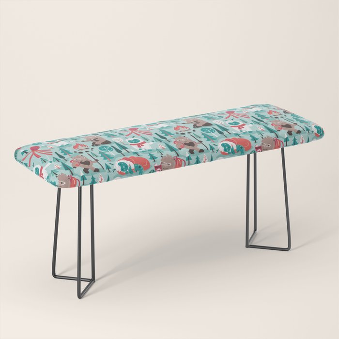 Besties // aqua background white Yeti brown Bigfoot teal and mint trees red and coral details Bench Gallery Image 1