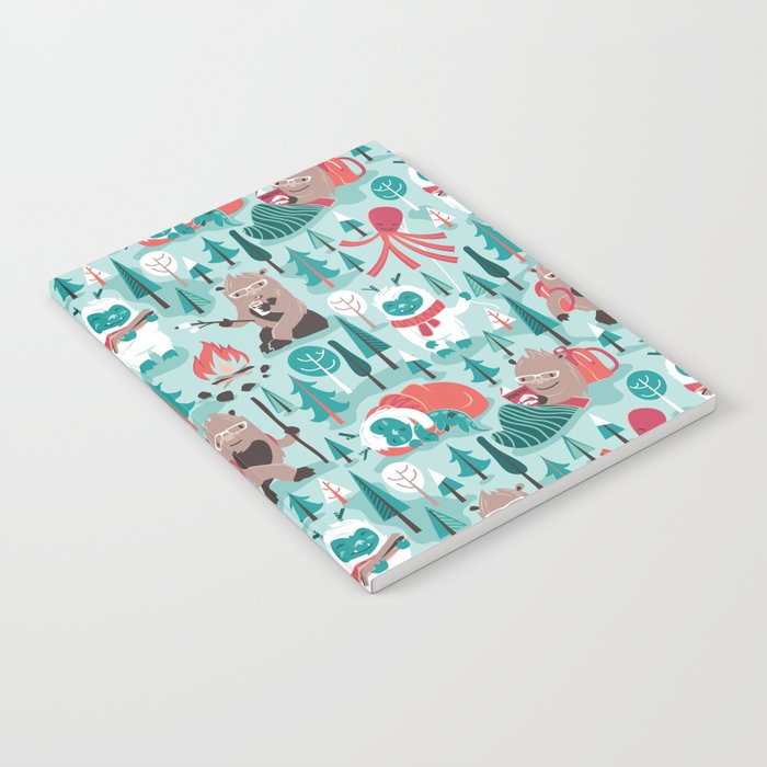 Besties // aqua background white Yeti brown Bigfoot teal and mint trees red and coral details Notebook Gallery Image 1