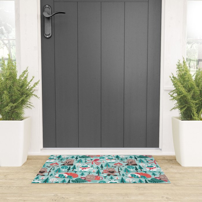 Besties // aqua background white Yeti brown Bigfoot teal and mint trees red and coral details Welcome Mat Gallery Image 3