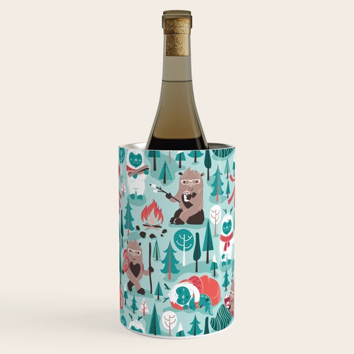 Besties // aqua background white Yeti brown Bigfoot teal and mint trees red and coral details Wine Chiller Gallery Image 2
