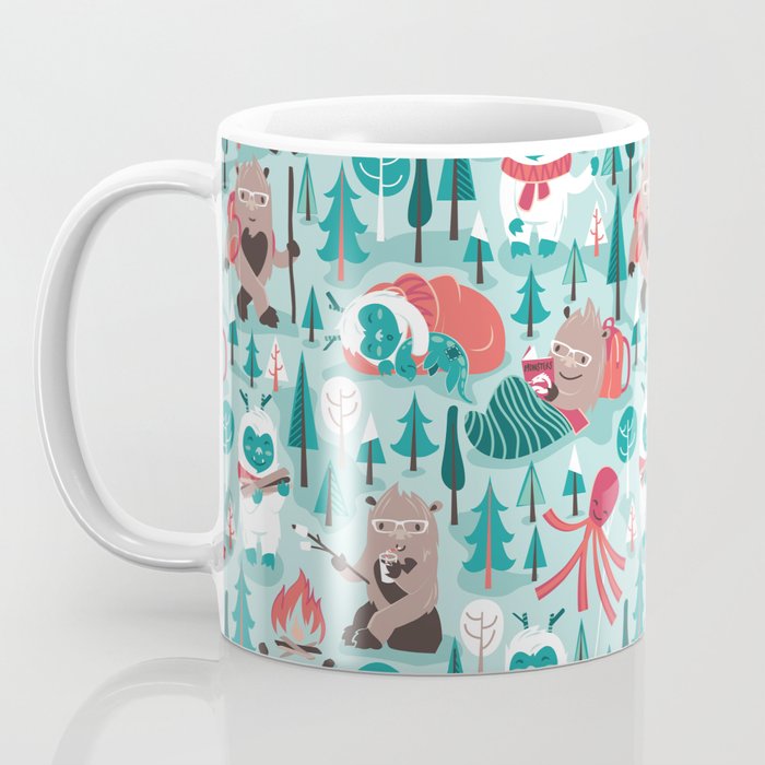 Besties // aqua background white Yeti brown Bigfoot teal and mint trees red and coral details Coffee Mug Gallery Image 3