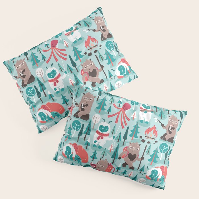 Besties // aqua background white Yeti brown Bigfoot teal and mint trees red and coral details Pillow Sham Gallery Image 3