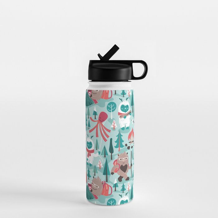 Besties // aqua background white Yeti brown Bigfoot teal and mint trees red and coral details Water Bottle Gallery Image 1