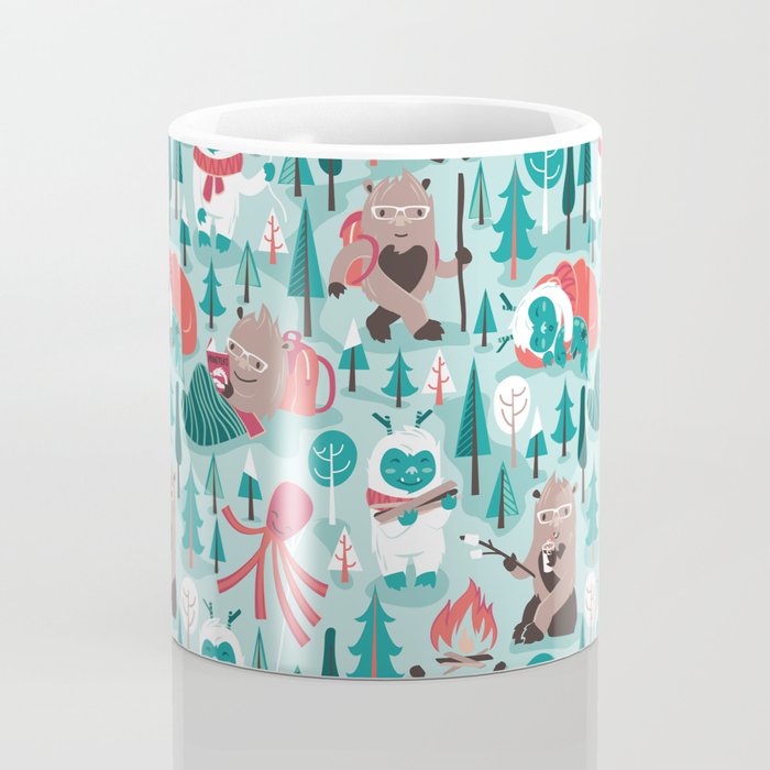Besties // aqua background white Yeti brown Bigfoot teal and mint trees red and coral details Coffee Mug Gallery Image 4
