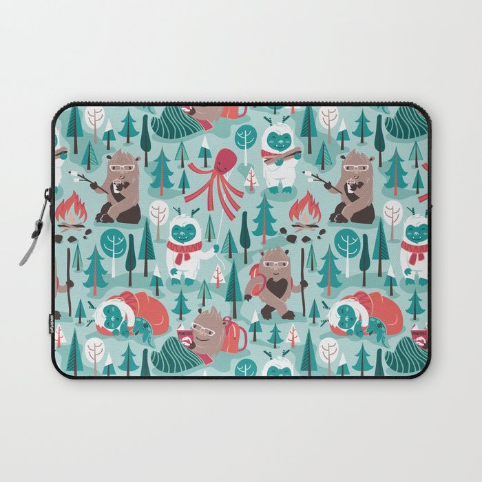 Besties // aqua background white Yeti brown Bigfoot teal and mint trees red and coral details Laptop Sleeve Gallery Image 1