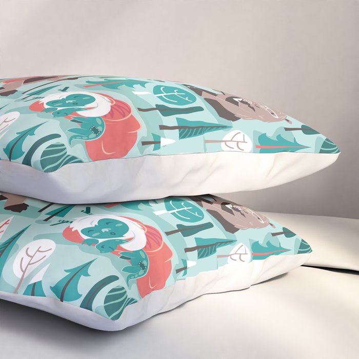 Besties // aqua background white Yeti brown Bigfoot teal and mint trees red and coral details Pillow Sham Gallery Image 3