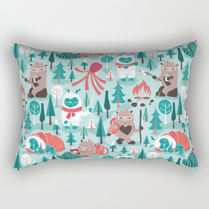 Besties // aqua background white Yeti brown Bigfoot teal and mint trees red and coral details Rectangular Pillow Gallery Image 1