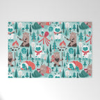 Besties // aqua background white Yeti brown Bigfoot teal and mint trees red and coral details Welcome Mat Gallery Image 1