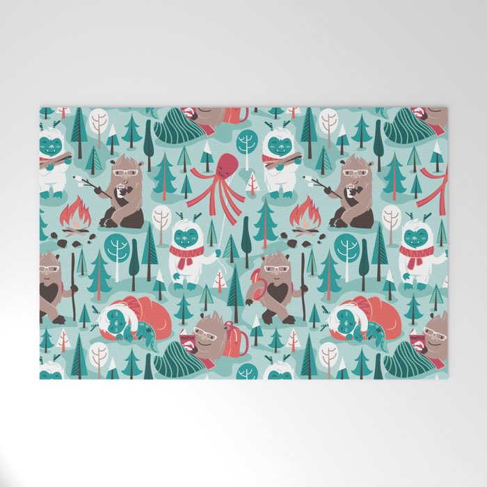 Besties // aqua background white Yeti brown Bigfoot teal and mint trees red and coral details Welcome Mat Gallery Image 1