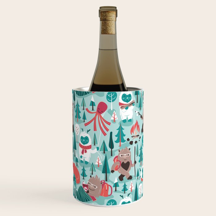 Besties // aqua background white Yeti brown Bigfoot teal and mint trees red and coral details Wine Chiller Gallery Image 1