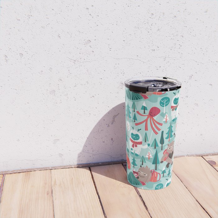 Besties // aqua background white Yeti brown Bigfoot teal and mint trees red and coral details Travel Mug Gallery Image 4