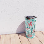 Besties // aqua background white Yeti brown Bigfoot teal and mint trees red and coral details Travel Mug Gallery Image 4