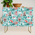 Besties // aqua background white Yeti brown Bigfoot teal and mint trees red and coral details Credenza Gallery Image 1