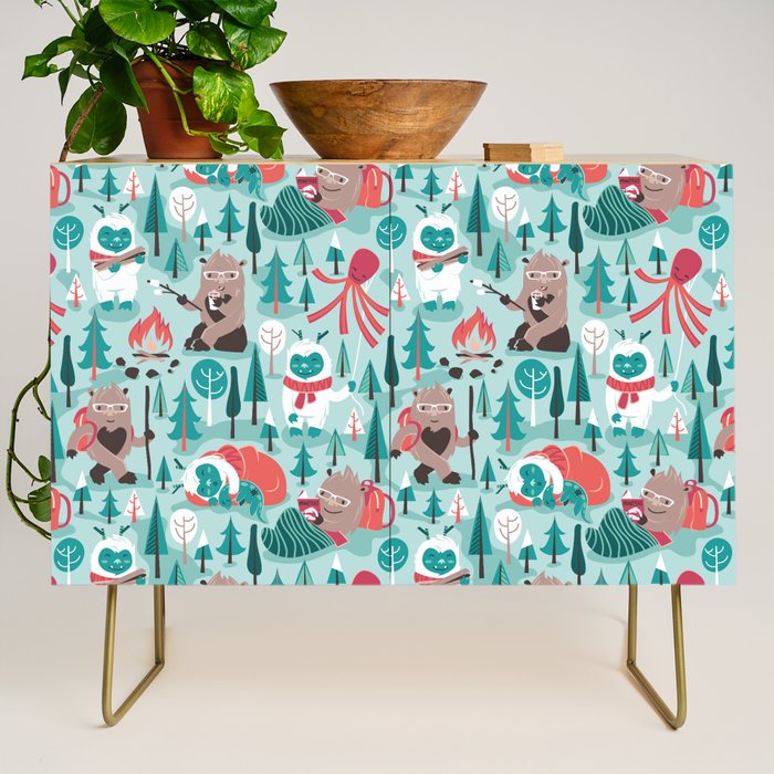 Besties // aqua background white Yeti brown Bigfoot teal and mint trees red and coral details Credenza Gallery Image 1