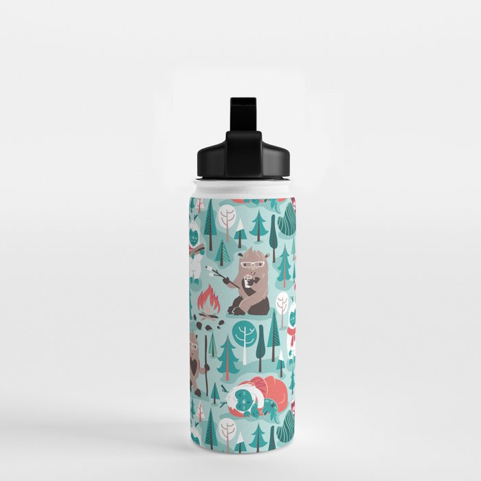 Besties // aqua background white Yeti brown Bigfoot teal and mint trees red and coral details Water Bottle Gallery Image 2
