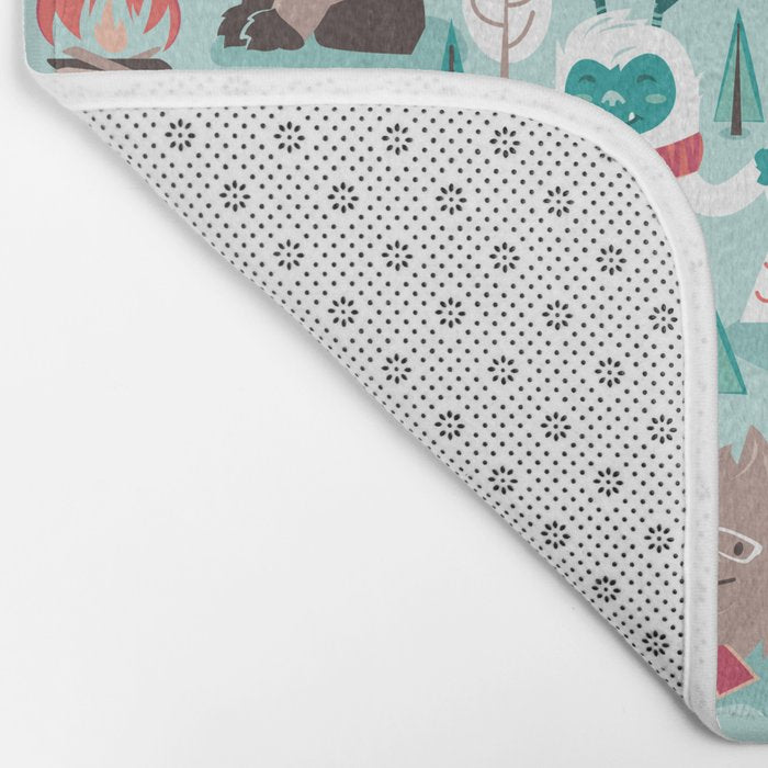 Besties // aqua background white Yeti brown Bigfoot teal and mint trees red and coral details Bath Mat Gallery Image 2