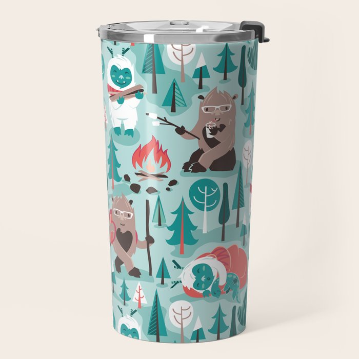 Besties // aqua background white Yeti brown Bigfoot teal and mint trees red and coral details Travel Mug Gallery Image 2