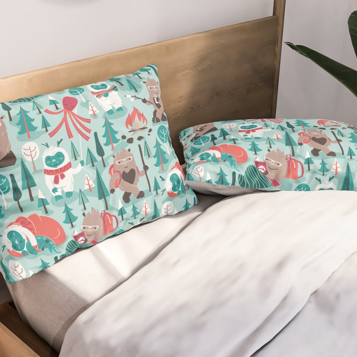 Besties // aqua background white Yeti brown Bigfoot teal and mint trees red and coral details Pillow Sham Gallery Image 2