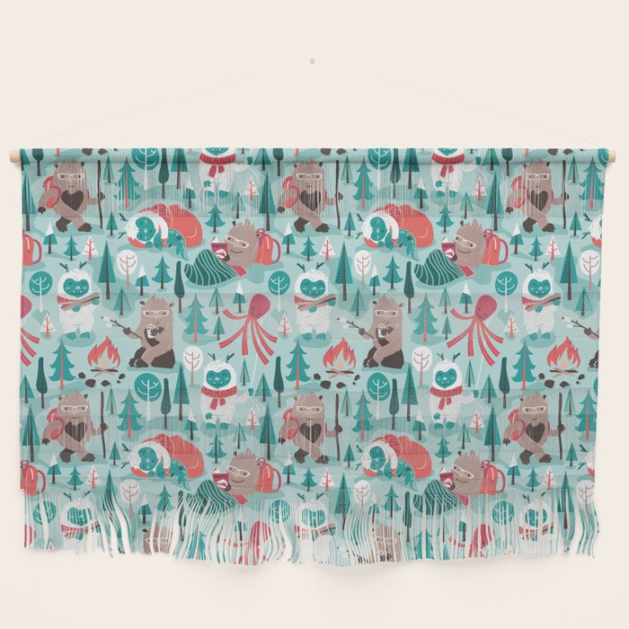 Besties // aqua background white Yeti brown Bigfoot teal and mint trees red and coral details Wall Hanging Gallery Image 1