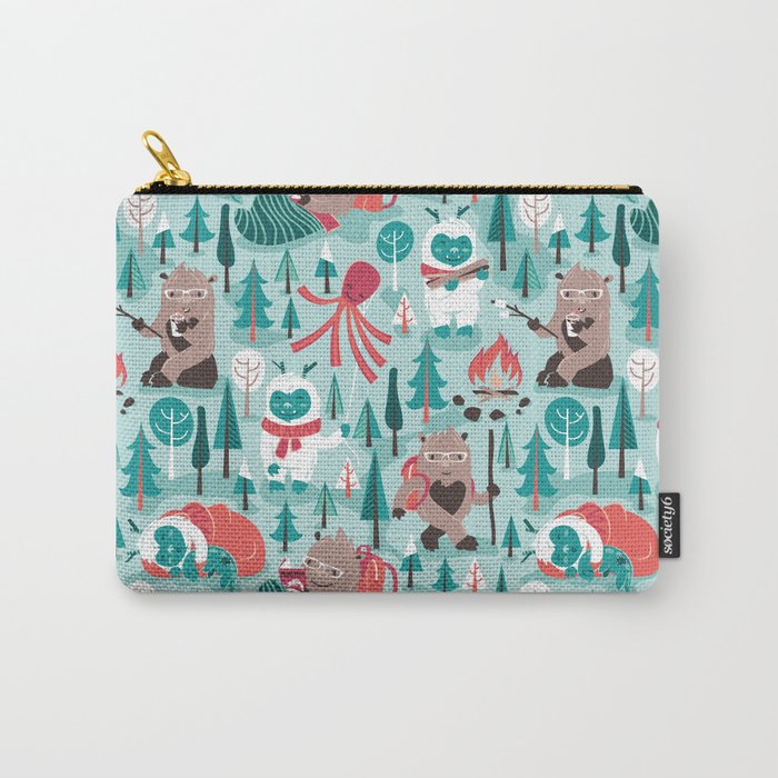 Besties // aqua background white Yeti brown Bigfoot teal and mint trees red and coral details Carry All Pouch Gallery Image 1