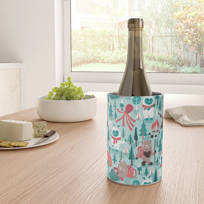 Besties // aqua background white Yeti brown Bigfoot teal and mint trees red and coral details Wine Chiller Gallery Image 4