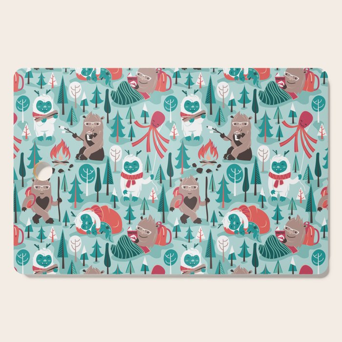 Besties // aqua background white Yeti brown Bigfoot teal and mint trees red and coral details Cutting Board Gallery Image 1